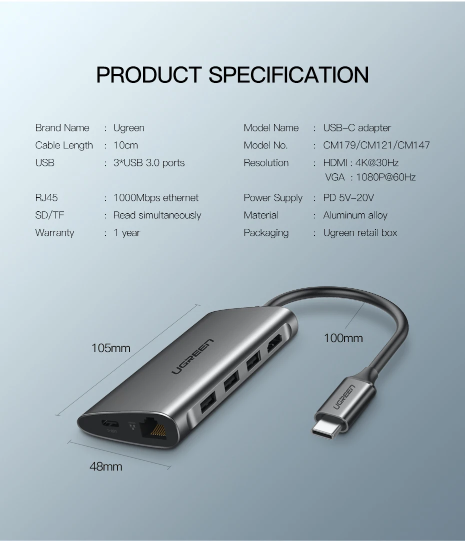 Ugreen usb-хаб USB C к HDMI VGA RJ45 PD Thunderbolt 3 адаптер для MacBook samsung Galaxy S9 huawei P20 Pro type-C USB 3,0 концентратор