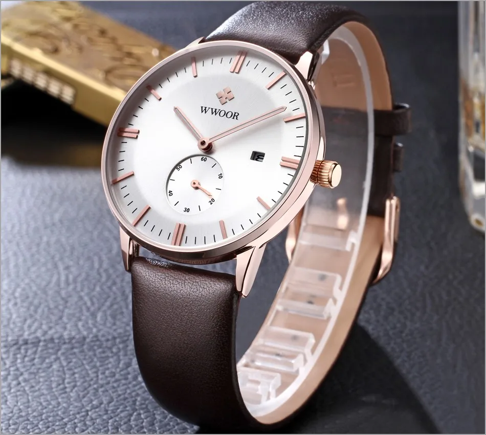 

Top Luxury Brand WWOOR Ultra Thin Quartz Watches Date Men's Business Casual Fashion Sports Watch Men's Leather Wrist Watch
