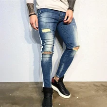 Мужские уличные джинсы в стиле хип-хоп, мужские весенне-осенние модные рваные байкерские джинсы, повседневные джинсовые узкие брюки