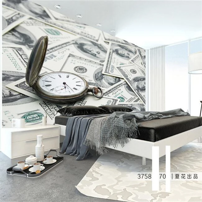 Wholesal 3d Wall Photo Murals with Coin Dollars and Pocket Watch for Bedding Room Sofa Background vinyl Mural Fresco | Обустройство