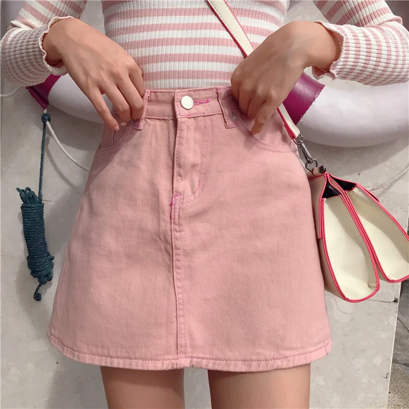 

Harajuku Fashion High Waist Women Skirt Chic Sweet Candy Color Student Denim Skirt A-Line Cowboy Girls Mini Skirt