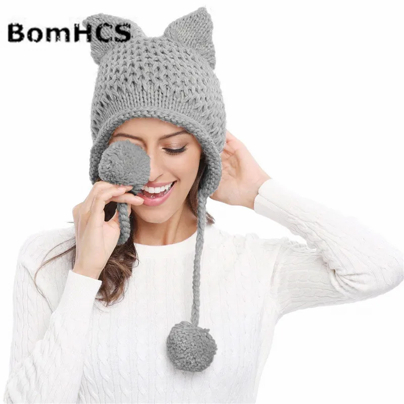 BomHCS забавные с украшением в виде кошачьих ушек вязаная Для женщин и девочек шапка, сезон осень-зима теплая дутая куртка ручной работы вязаная шапка - Цвет: Серый