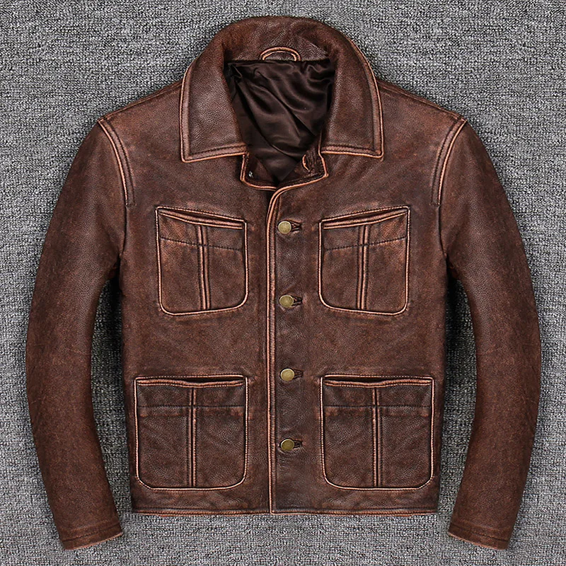 

Dark Brown Vintage Man Genuine Leather Jackets Motorcycle Real Leather Jackets For Man Free Shipping