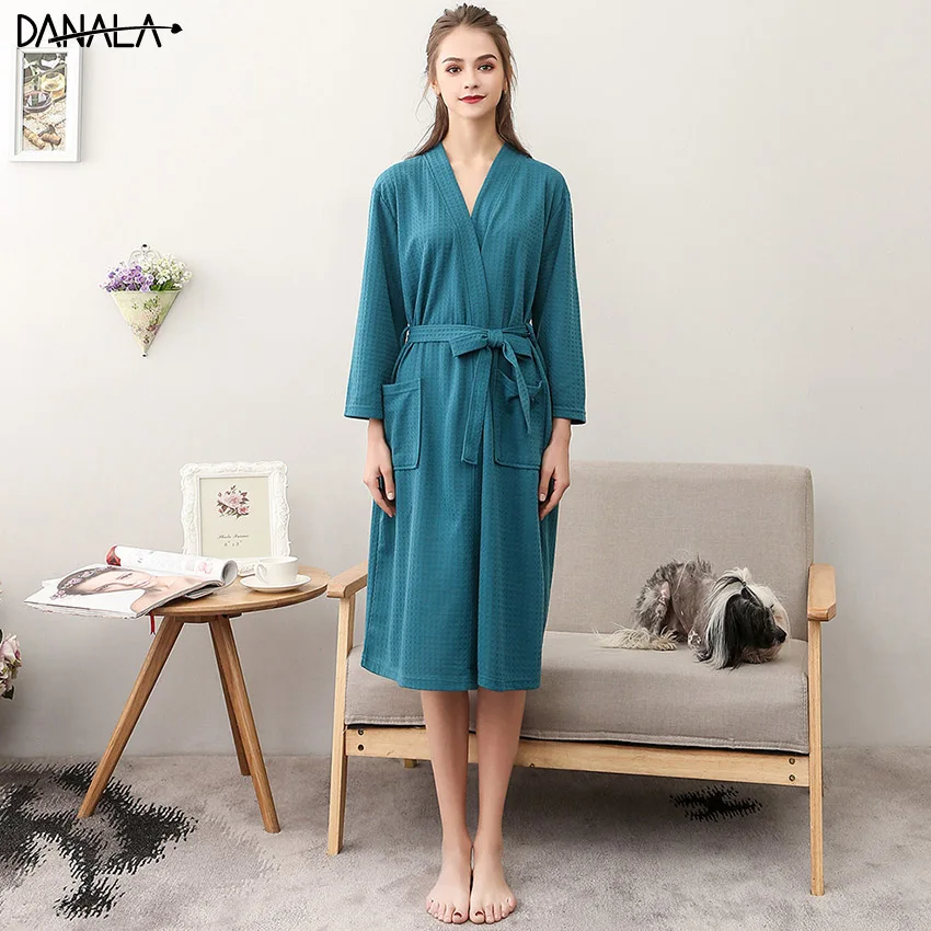 DANALA Autumn Warm Cotton Women Bathrobe Long Sleeve Belt Elegant Female Sleepwear Night Wear