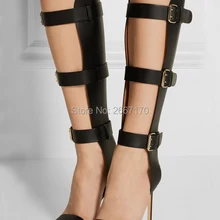 Bota Feminina белый черный кожаный женская летняя обувь Сандалии–гладиаторы с открытым носком Туфли с ремешком и пряжкой Для женщин сапоги до колена шпильки