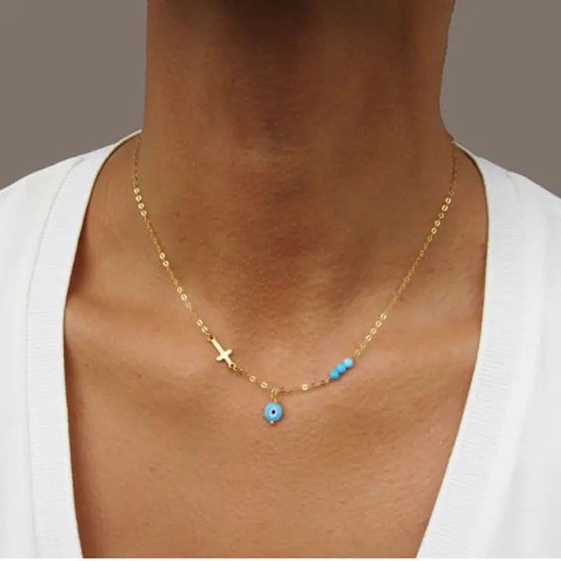 

Chic Blue Beads Evil Eye and cross Necklace for Women Fashion Cross Necklaces