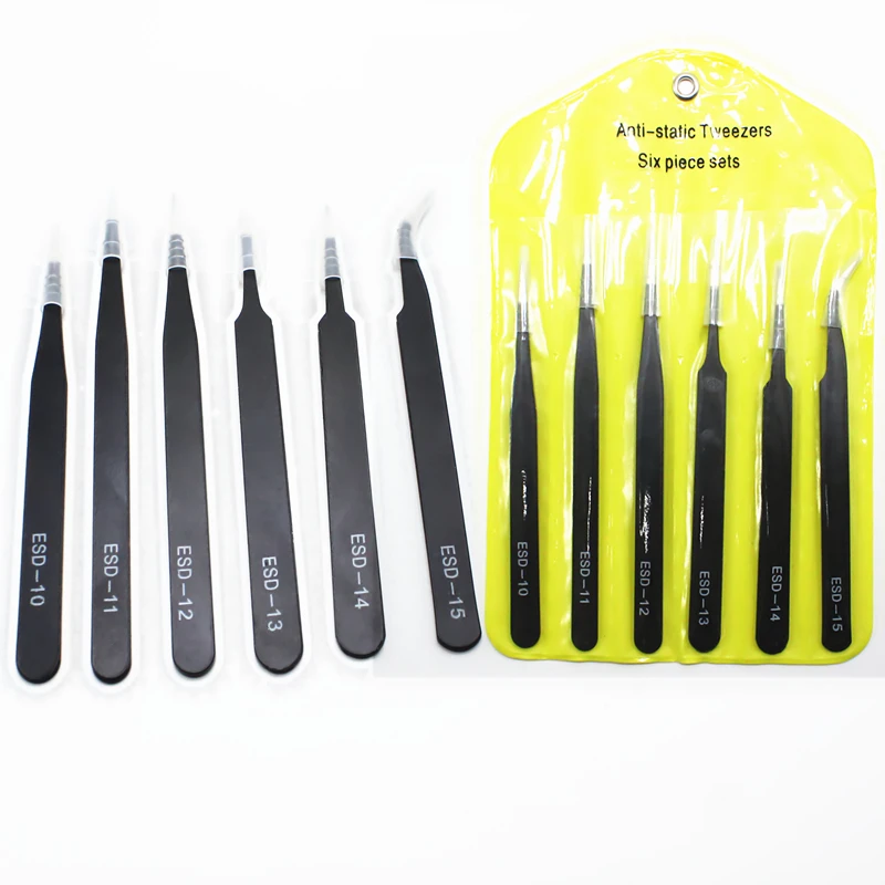 

6Pcs/Set Tweezers ESD 10-15 Safe Anti-static Stainless Steel Soldering Tweezers Tools for Soldering Station with Bag