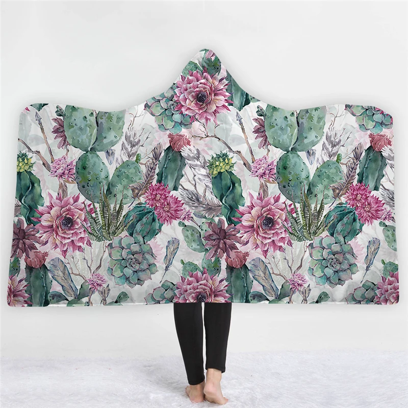 

Cactus Tropical Plants Printed Microfiber Hooded Blanket for Adults Kids Sherpa Fleece Wearable Throw Blankets on The Sofa Bed
