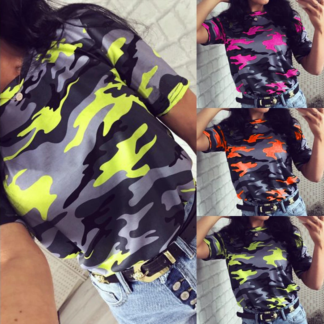 

Hot Women Camouflage Print T Shirt Summer Short Sleeve Tops Camo Military T-Shirt Tees Casual O-Neck Loose Femme Streetwear