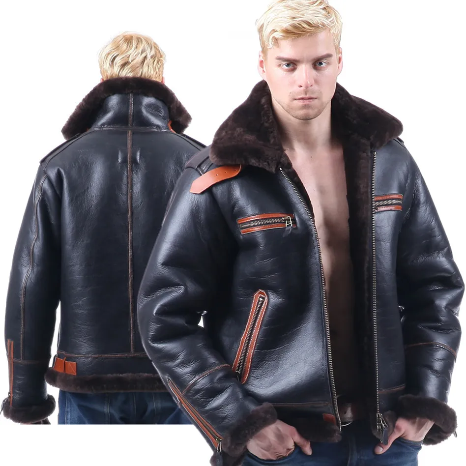 Мужская кожаная куртка бомбер B3 авиаторская с меховой защитой B6|bomber fur|leather