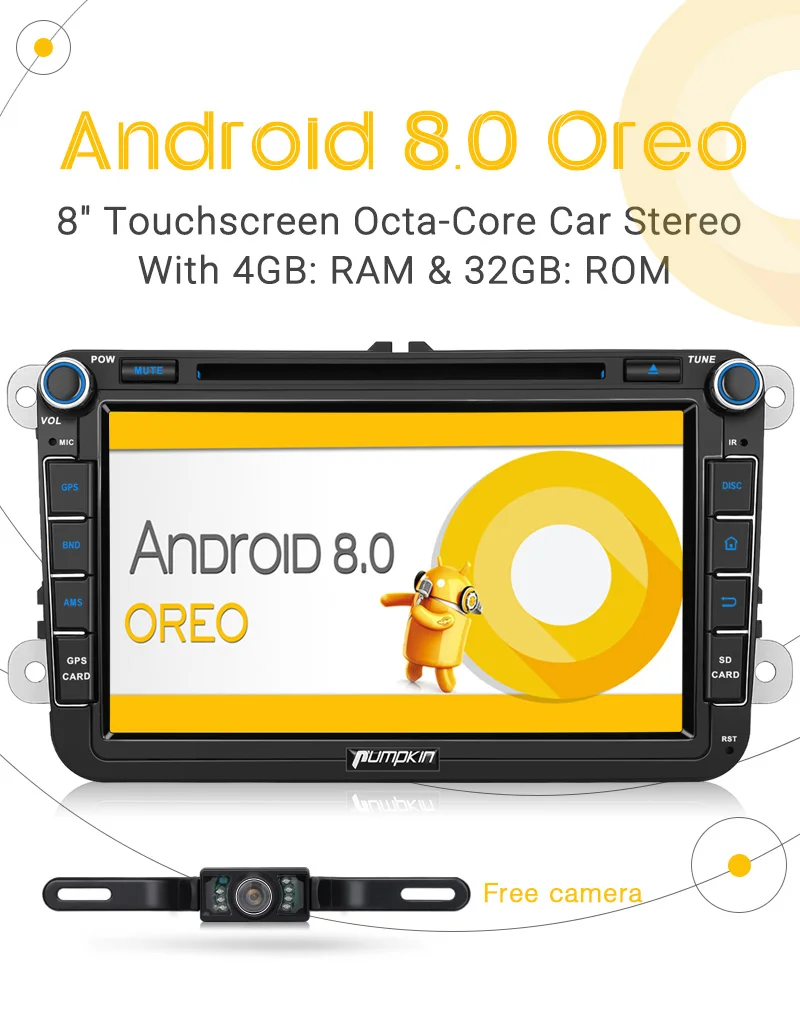 Pumpkin 4G RAM 32G ROM 2 Din 8''Android 8.0 Car DVD Player GPS Navigation For VW/Skoda/Seat/Golf Car Radio Wifi Bluetooth Stereo