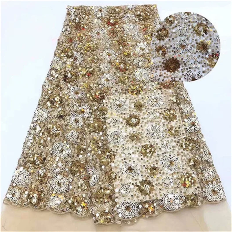 

2019 New African Sequin Lace Fabric Golden Lace Fabric With Sequins French Lace Fabric For Wedding Party