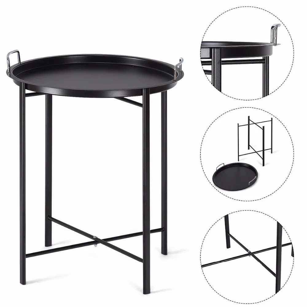 Giantex Metal Tray Table Round End Table Sofa SideTable Living Room Bedroom Black Home Furniture HW58502BK