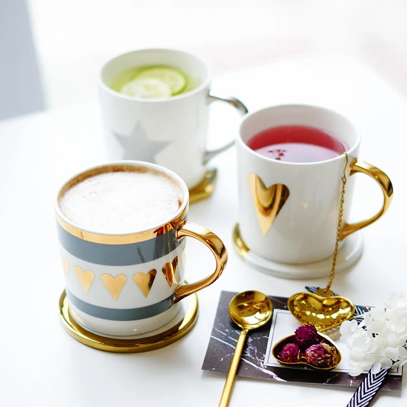 Set of 4 Gold Heart Star & Zebra Design Fina China Drinking Coffee Cup Mug 