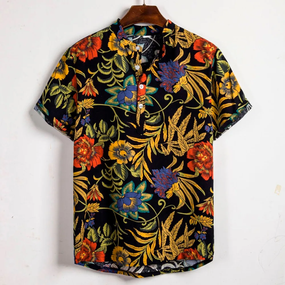 Мужская рубашка с короткими рукавами из хлопка и льна, гавайский воротник с принтом, топ, Повседневная и удобная футболка класса люкс# w 40J6