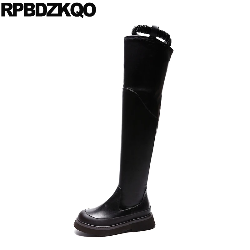 

Slip On Sexy Black Over The Knee Casual Stretch Luxury Brand Shoes Women High Slim Round Toe Genuine Leather 2017 Long Ladies