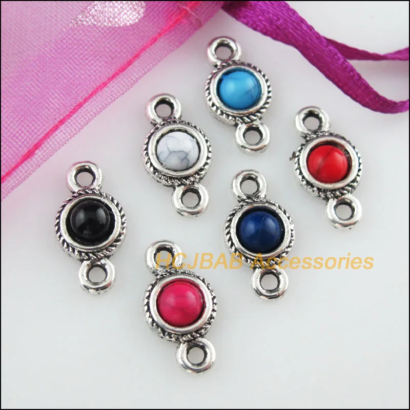

12 New Round Mixed Charms Connectors Stone Tibetan Silver Pendant 8.5x16mm