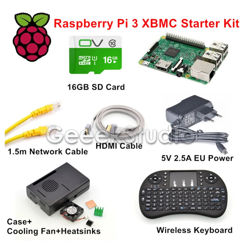 Raspberry Pi 3 XBMC Коди osmc Media Center комплект РФ удаленных случае 16 ГБ SD карты сетевой кабель Case охлаждения вентилятор 5 В 2.5a Питание