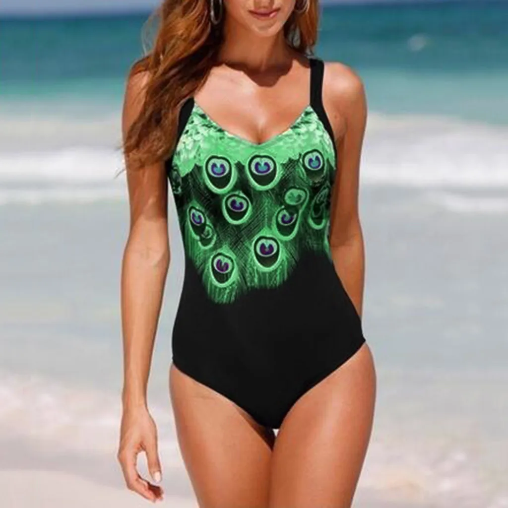 

Womail Womens Sexy Siamese Swimsuit 2019 Summer Peacock Printed Patchwork Costume Padded Bikini Swimwear I300227