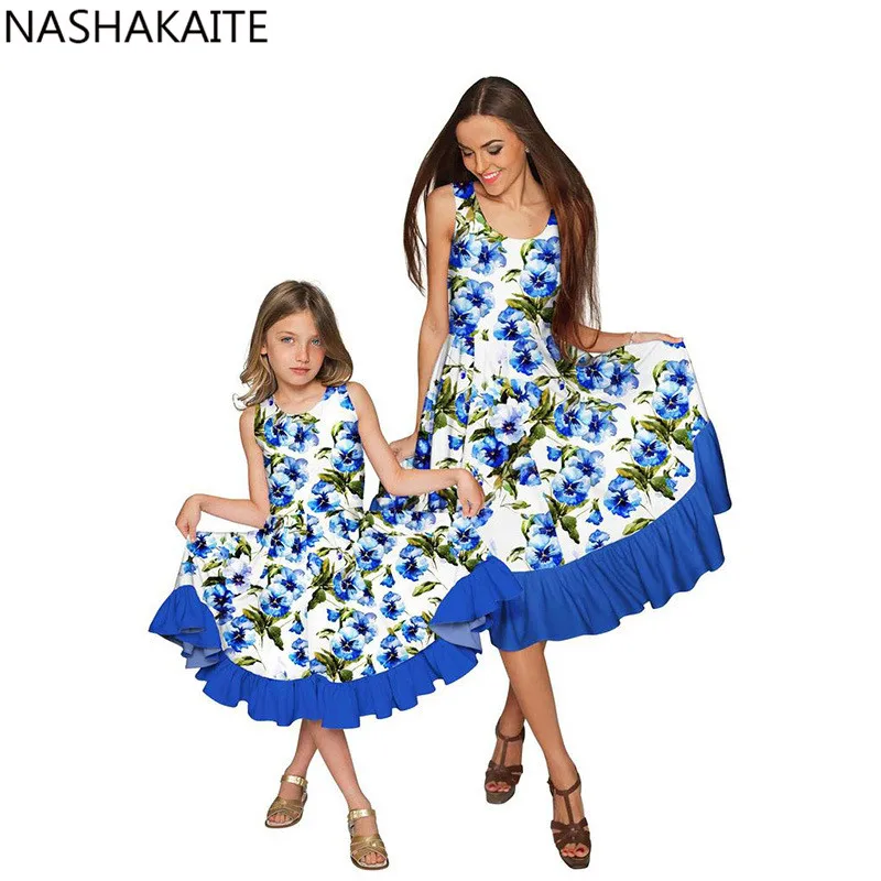 

NASHAKAITE Dress Mom Daughter 2019 Morning Glory Print Elegant A-Line Knee Dress Mother Daughter Dresses Family Matching Clothes