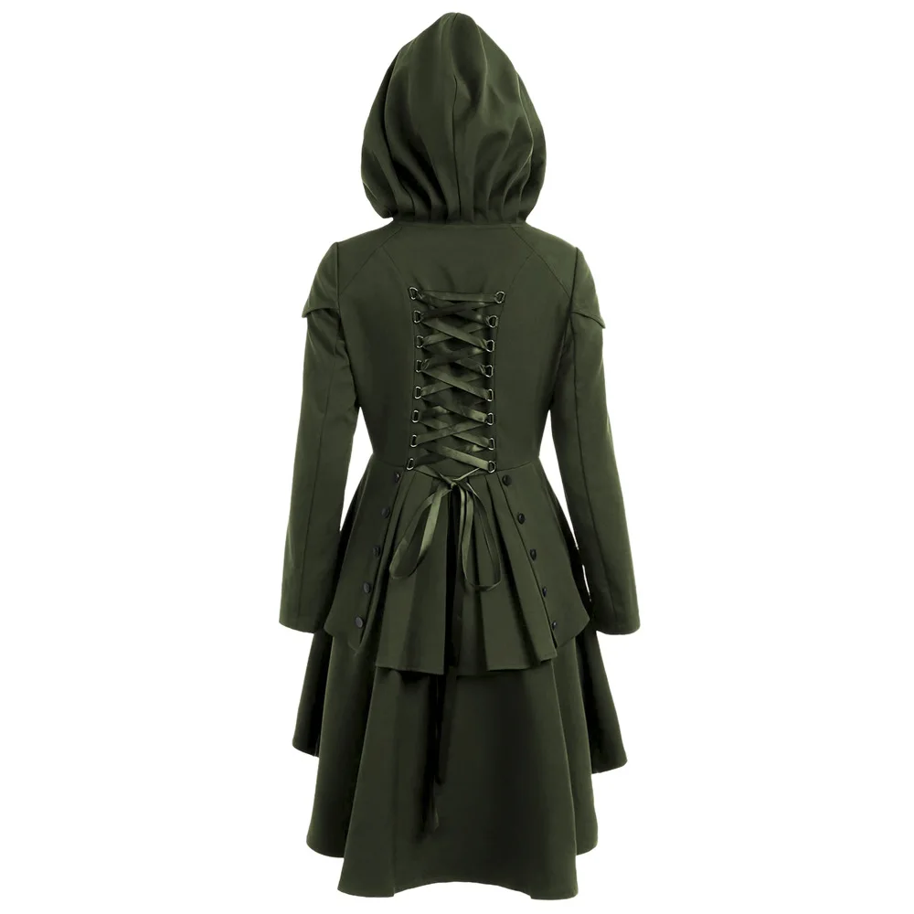 Women Autumn Coat Euro Style Back Cross Bandage Hooded Trench Long Gothic Halloween Layered Lace Up High Low Hooded Coats Women Autumn Coat Euro Style Back Cross Bandage Hooded Trench Long Gothic Halloween Layered Lace Up High Low Hooded Coats