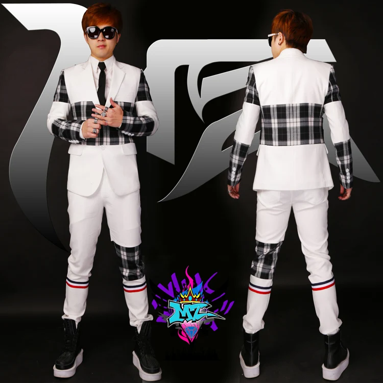 

S-4XL Korean version of the simple slim suit male singer DJGD elastic lattice stitching suit plus size singer costumes