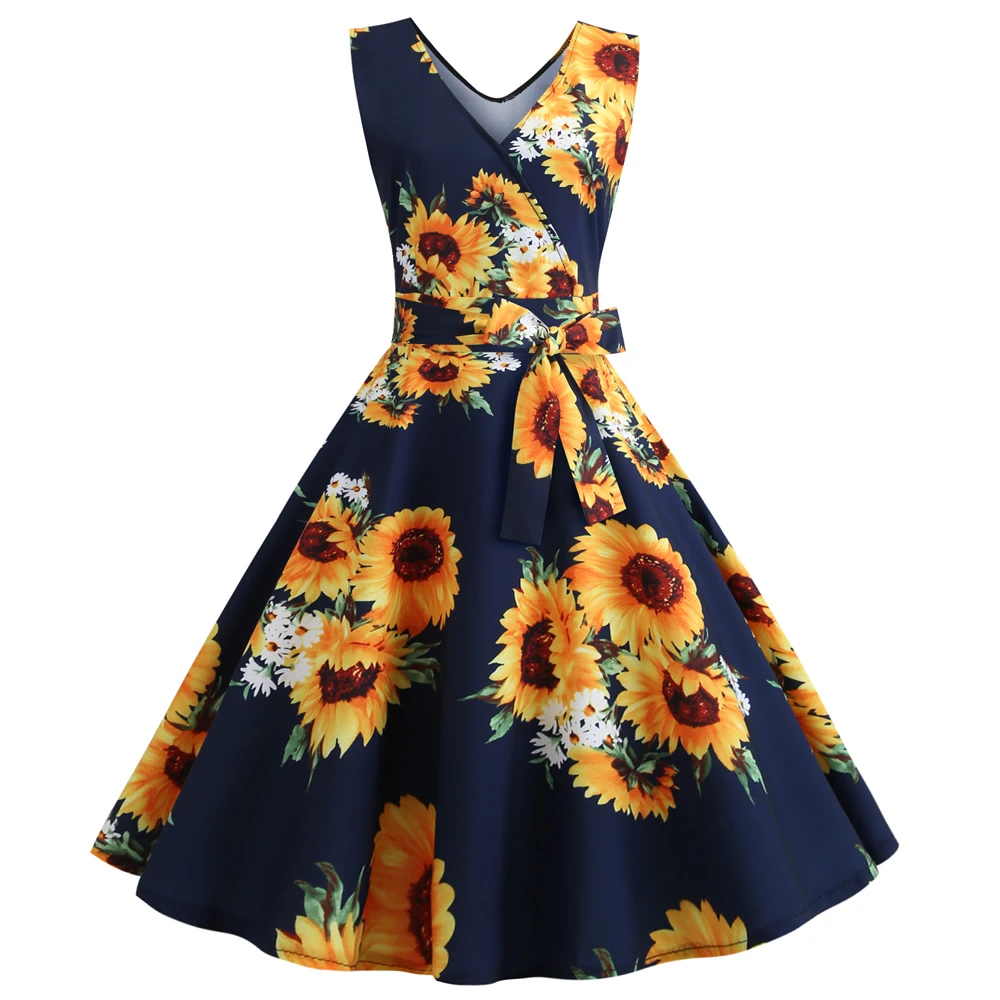 2019 Summer Fashion Women Sunflower Dress V Neck Sexy Min Dress Floral