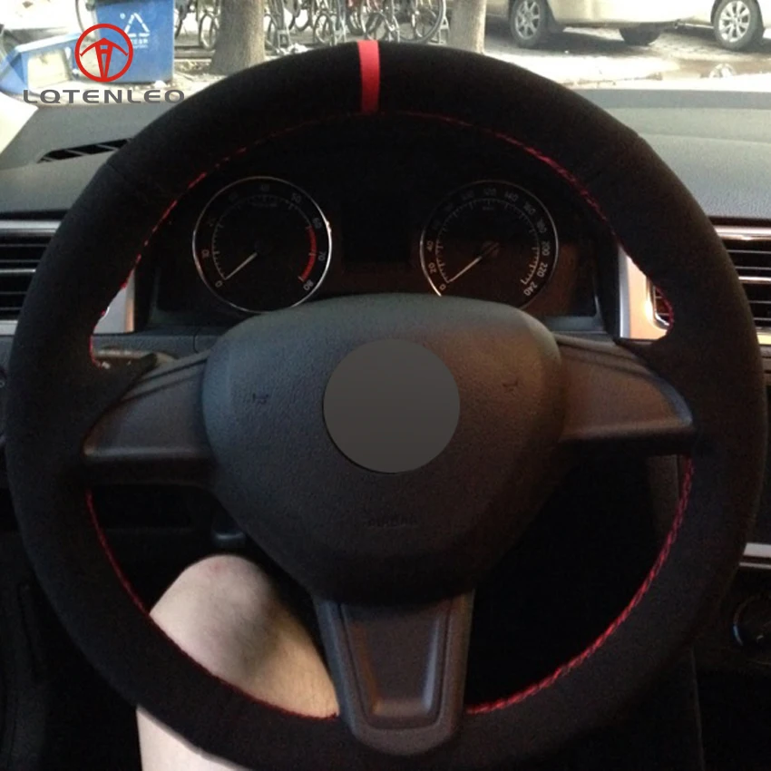 

LQTENLEO Black Suede DIY Hand-stitched Car Steering Wheel Cover for Skoda Yeti 2014 2015 2016 Skoda Rapid 2015
