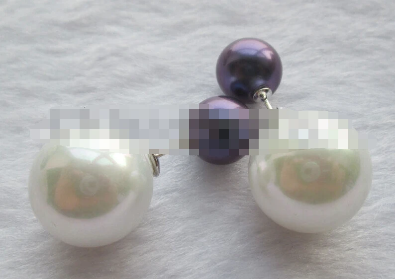 

FREE SHIPPING>>> 1119 deep blue + white perfect round sea shell pearl earring