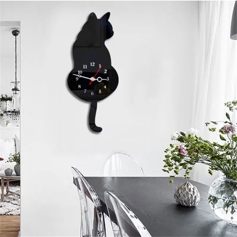 Reloj de pared creativo lindo Blanco/negro con cola de gato para Relojes de pared decorativos para el hogar 2017ing Reloj de pared creativo lindo Blanco/negro con cola de gato para Relojes de pared decorativos para el hogar 2017ing