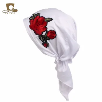 

5 pieces / wholesales New Fashion Rose Embroidery Stretchy Pre-Tied Head Scarf Head Wrap Scarves Cancer Chemo Cap Women Turban