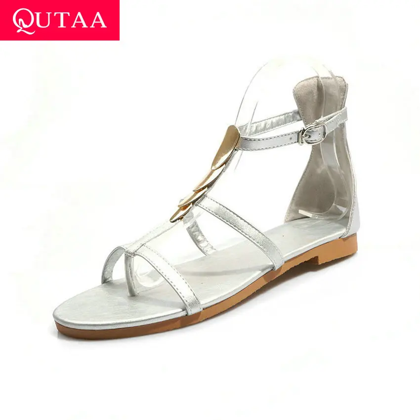 

QUTAA 2019 Women Sandals T-shaped Buckle Open-toed Fashion Metal Decoration Rome PU Leather Zipper Summer Ladies Shoes Size34-43