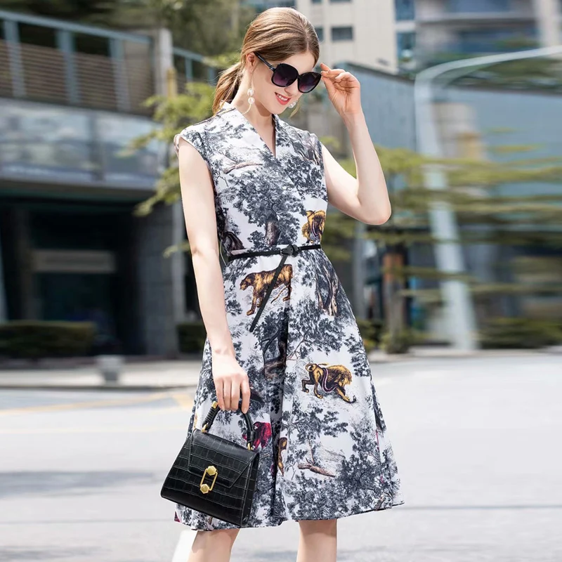 

XF Hobo Flower Print Midi Dress 2019 Summer Women'S Milan Catwalk Designer Sexy V-Neck A-Linet Casual Party Retro Dress New