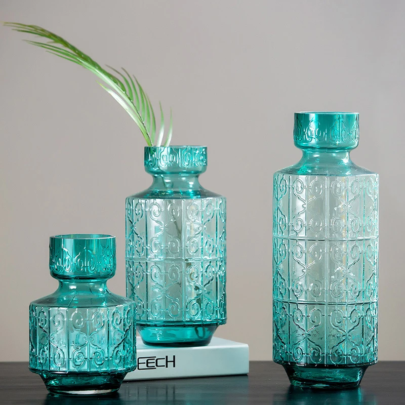 Синяя стеклянная ваза, украшение для дома, Скандинавская Современная Минималистичная ваза для дома, украшение для гостиной, вазы для цветов, ваза для украшения