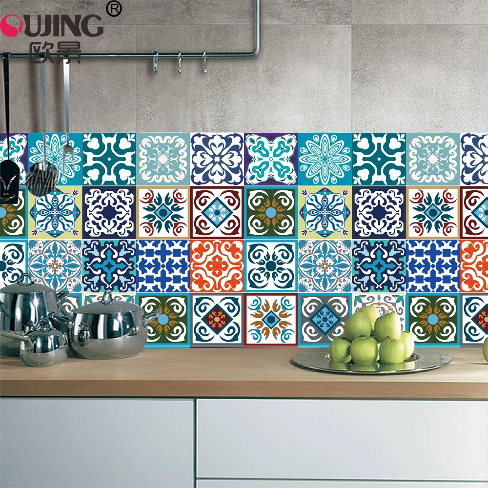 

Arabian Style Colorful Retro Tiles Wall Sticker Kitchen Bathroom Tile Waist Line Wallpaper PVC Waterproof Waist Line Art Mural