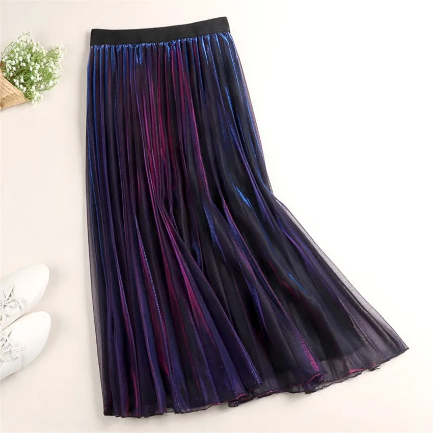 

2018New Spring Autumn Women Mesh Skirts Lady Elastic High Waist Pleated Length Skirt Vintage Pleated Midi Skirt Femme SkirtWZ123