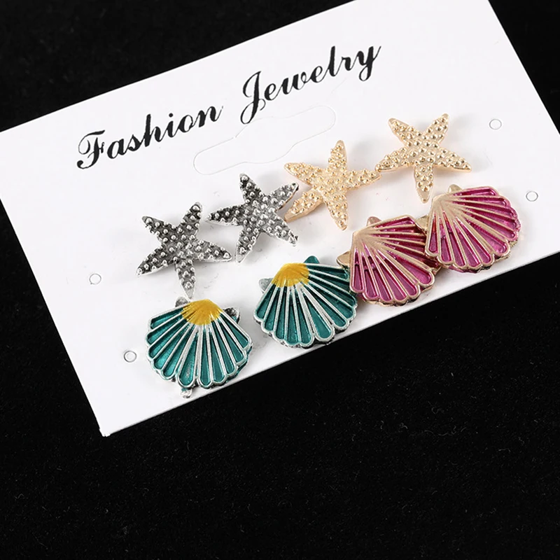 

2018 Fashion Women Starfish Shell Ocean Theme Stud Earrings Popular Colored Alloy Anti-allergic Earring Suits 4 Pairs/Set