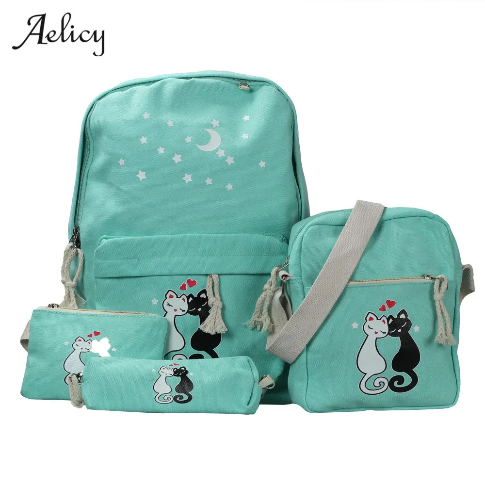 

Aelicy 4 Pcs/set Women Backpacks Cute Cat School Bags For Teenage Girls Printing Canvas Backpacks Preppy Style Backpacks