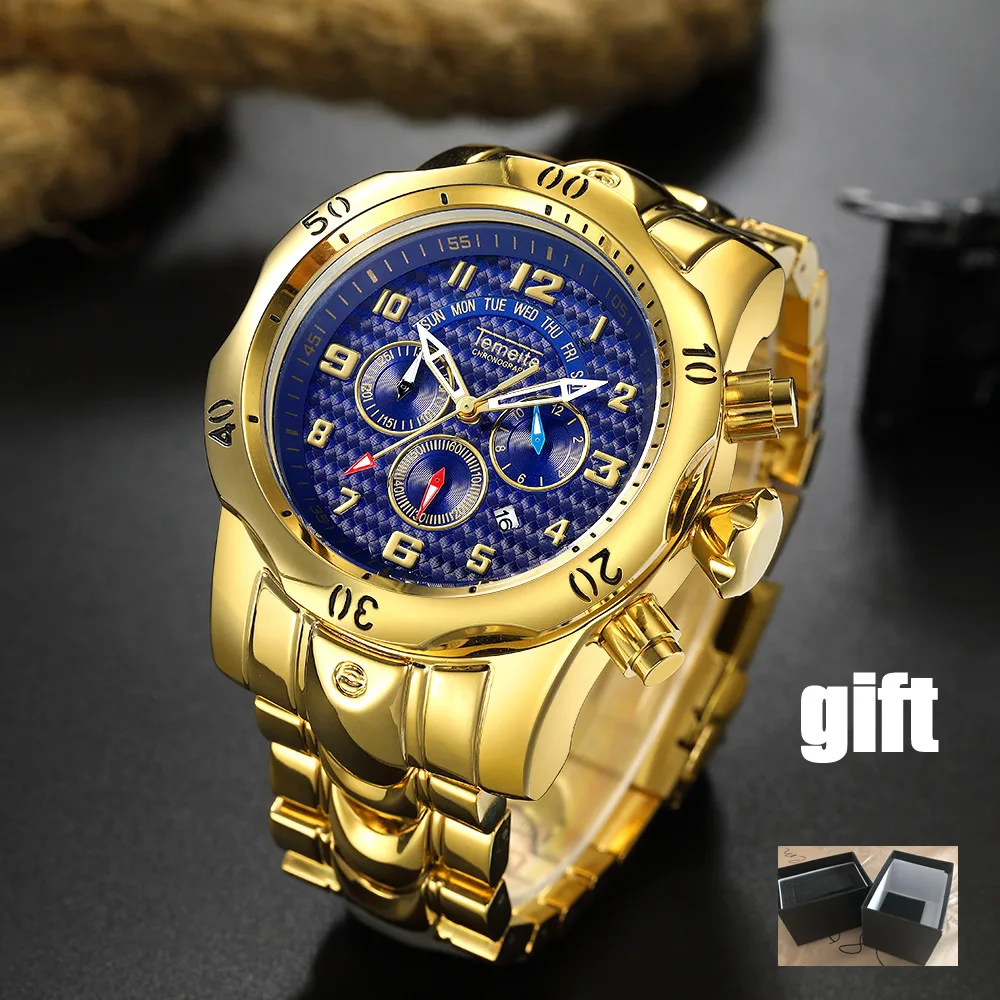 Comprare Mens orologio al quarzo in acciaio inossidabile uomo orologio da polso impermeabile Multifunzionale di lusso oro blu Grande quadrante TEMEITE di marca creativa