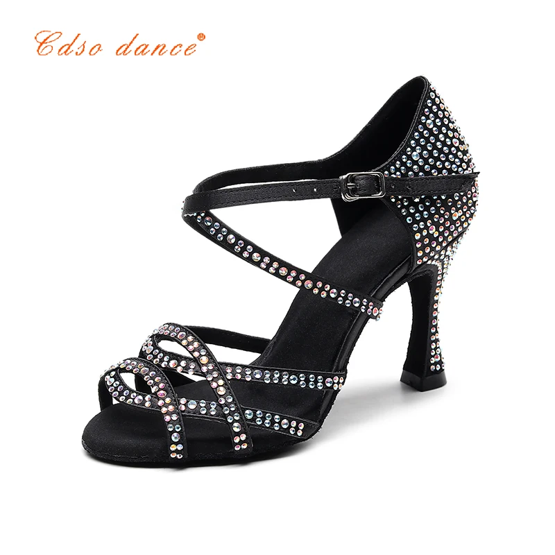 

Cdsodance female black satin Latin dance shoes women's Rhinestones Salsa party Wedding shoes10cm high heeled soft outsole