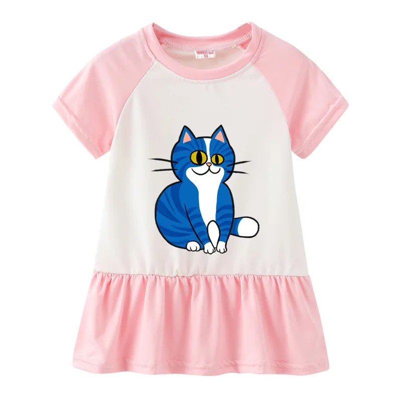 

Summer Casual Cat Cartoon Printed Baby Princess Girls Short-Sleeved Dress Pink Patchwork Girls Clothes For 2-7 Years Old
