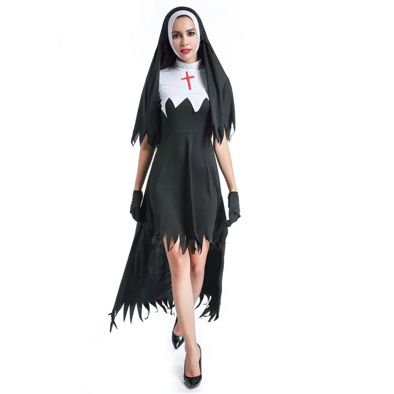 Стиль Сестра Косплей Костюм для вечеринки Модный черный женский сексуальный костюм монахини Арабская религия монах Униформа призрака необычное платье