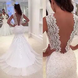 Спинки Vestido De Noiva 2019 мусульманские свадебные платья Русалка с v-образным вырезом кружево бисером Винтаж Дубай арабское свадебное платье