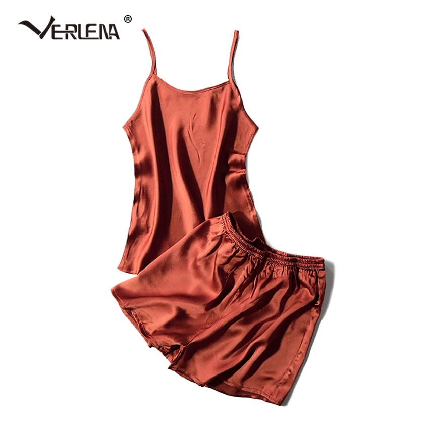 

Super Comfortable Solid Sheen 96% Silk Women Set Strappy Camis Tops and Elastic Waist Short Pants VERLENA 2019 Solid Casual Sets