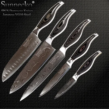 

2017 Sunnecko Chef Kitchen Knife Set 5PCS/Lot Japanese VG10 Damascus Steel Blade Knives Pakka Wood Handle Utility Cooking Tools