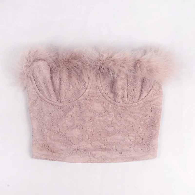 InstaHot Summer Lace Fur Pink Strapless Crop Tops Women Underwire Elegant Tube Tops Ladies Cute Camisole Corset Basic Top Skinny