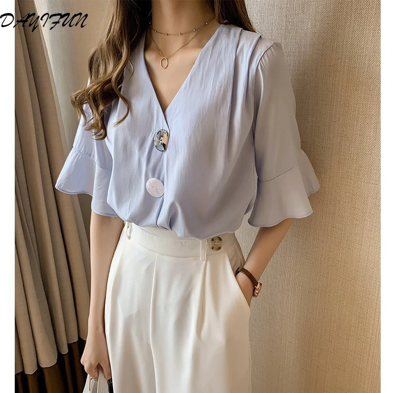 

DAYIFUN Ladies V-neck Flare Sleeve Button Chiffon Top Blouse Women Summer Workwear Half Sleeve Elegant Blouses Plus Size C378