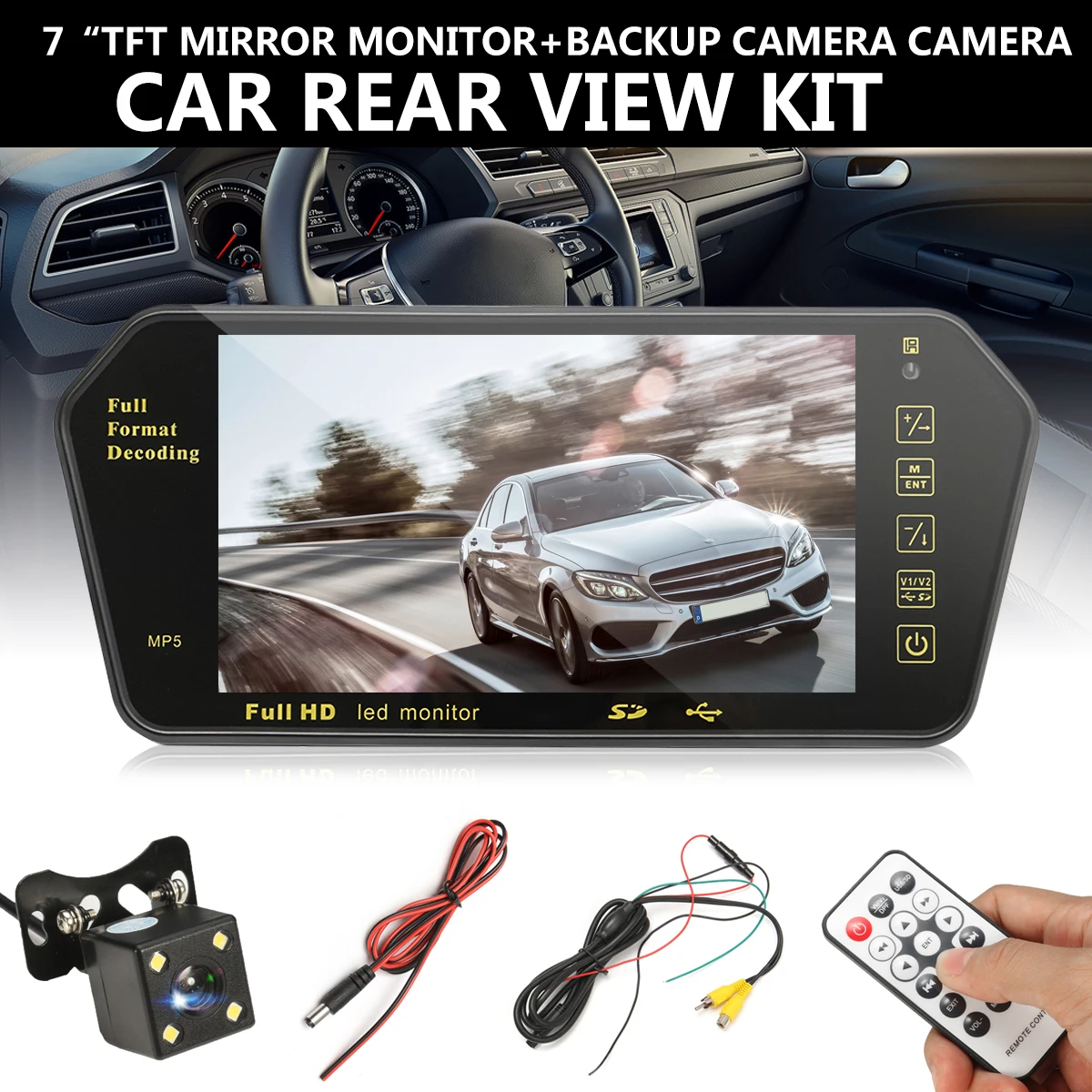 

7 Inch LCD Car MP5 Player Rear View Parking Mirror Monitor + Reversing HD Waterproof Backup Camera Support TF/Card Reader