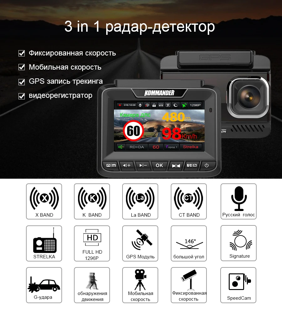 Kommander автомобильный радар-детектор встроенный GPS скорость Анти радар 3 в 1 Full HD 1080P 1296P 170 градусов видеорегистраторы с двумя объективами