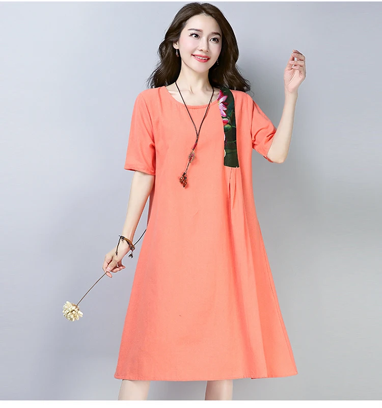 Summer Dress Women Plus Size 2019 Short Sleeve Patchwork Vintage Cotton Line Dress Women O-neck Knee Length Summer Casual Robe 3